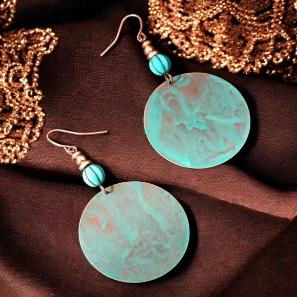 🆕️Boho Vintage Patina Disk Dangle Earrings 🌿 Trendy Ethnic Gypsy Statement ✨ - Picture 7 of 12